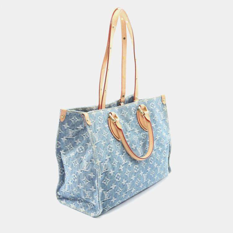 Pre Owned Louis Vuitton On The Go MM Blue Monogram Denim Leather Tote Bag
