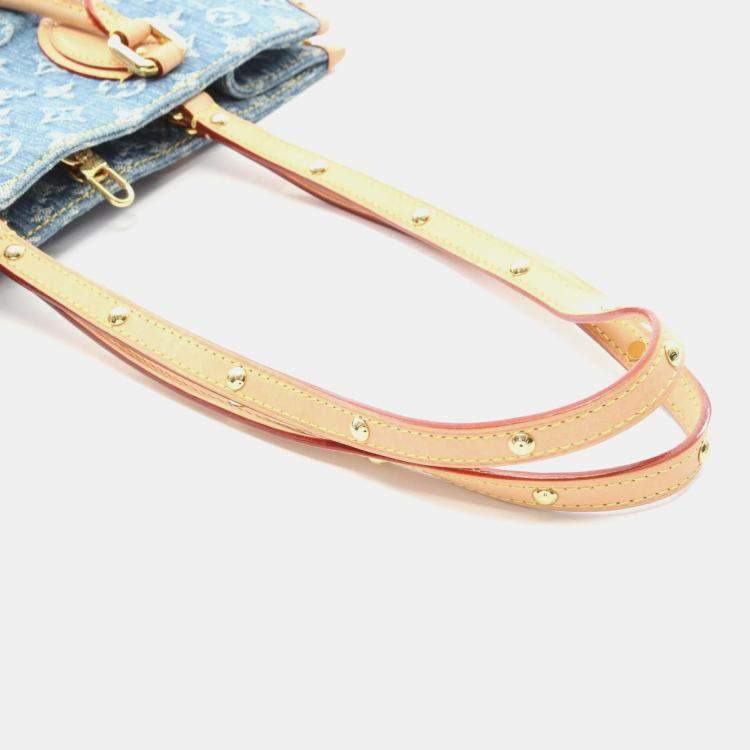 Pre Owned Louis Vuitton On The Go MM Blue Monogram Denim Leather Tote Bag