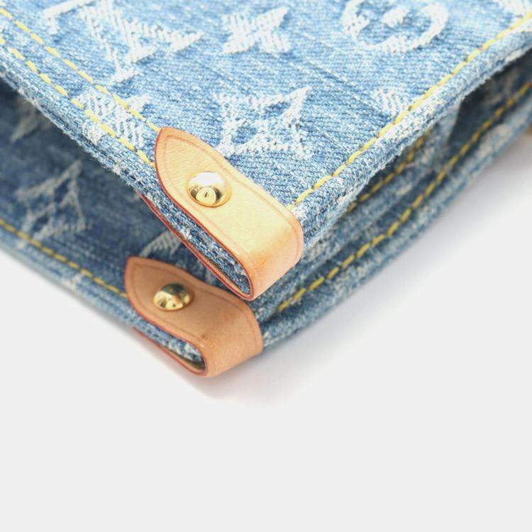 Pre Owned Louis Vuitton On The Go MM Blue Monogram Denim Leather Tote Bag