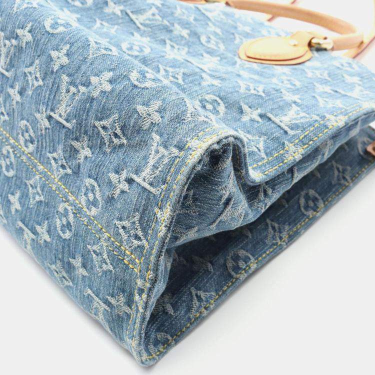 Pre Owned Louis Vuitton On The Go MM Blue Monogram Denim Leather Tote Bag