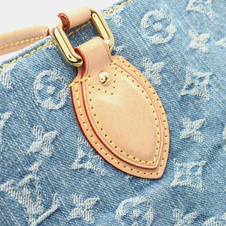 Pre Owned Louis Vuitton On The Go MM Blue Monogram Denim Leather Tote Bag