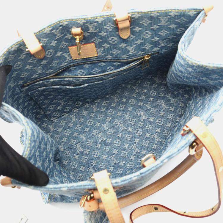 Pre Owned Louis Vuitton On The Go MM Blue Monogram Denim Leather Tote Bag
