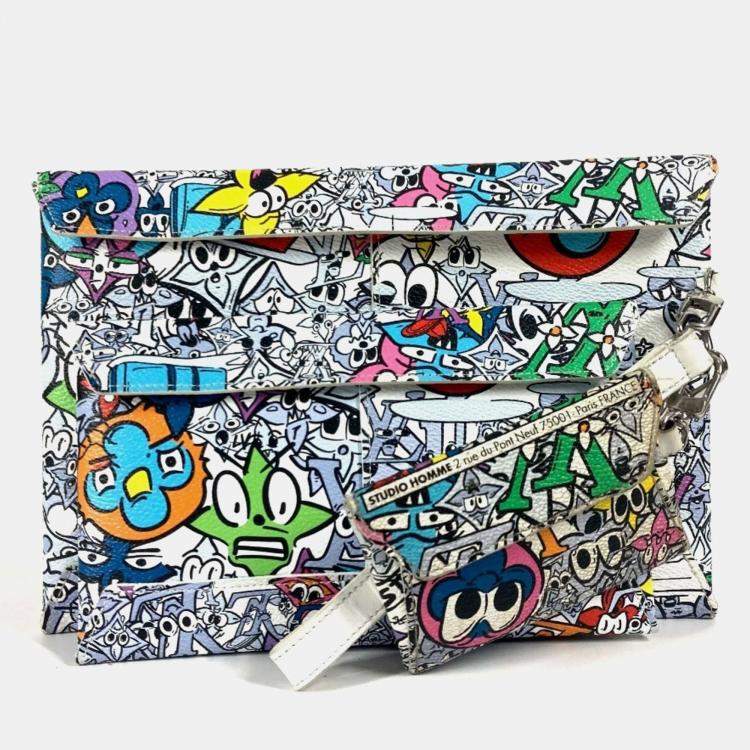 Pre Owned Louis Vuitton Monogram Comic Trio Envelope Pouch Bag Second With Strap Business Card Holder/Card Case Clutch Leather Canvas Multicolor
