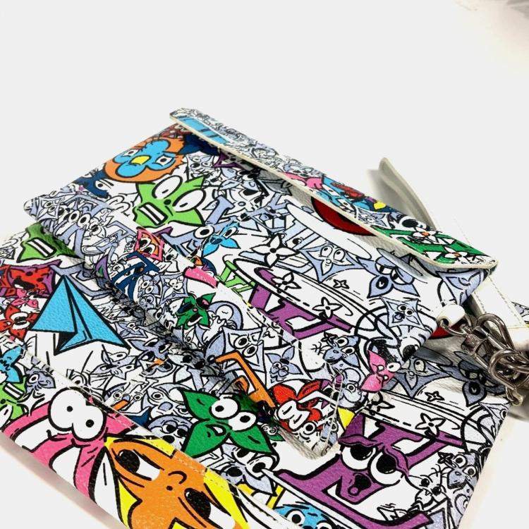 Pre Owned Louis Vuitton Monogram Comic Trio Envelope Pouch Bag Second With Strap Business Card Holder/Card Case Clutch Leather Canvas Multicolor