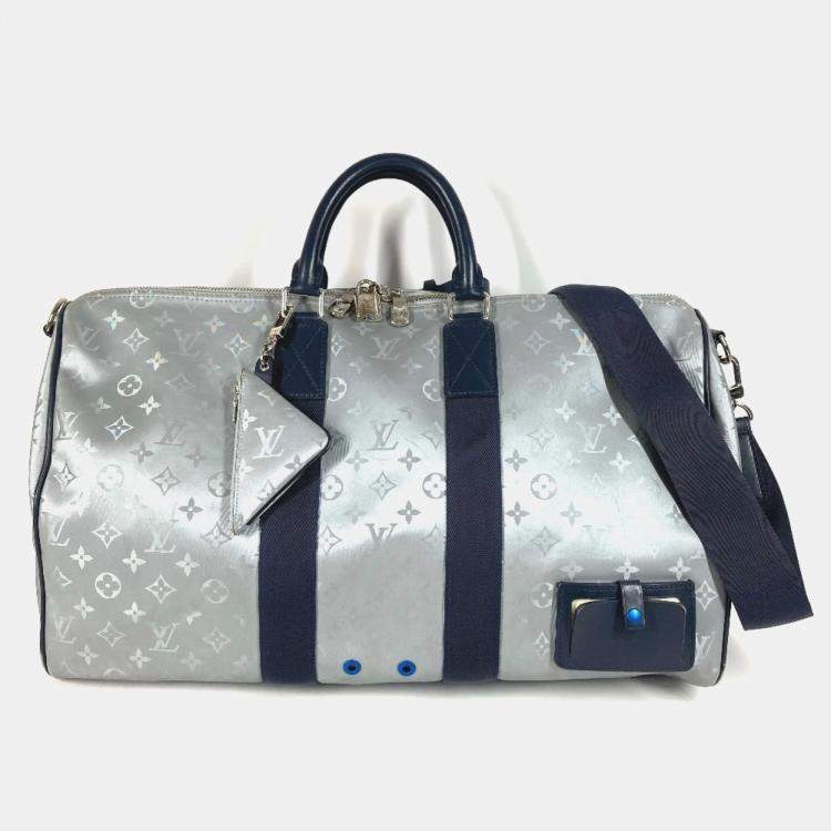 Pre Owned Louis Vuitton Monogram Satellite Keepall Bandouliere 50 Leather Canvas Boston Bag Silver