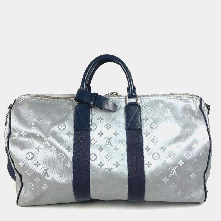Pre Owned Louis Vuitton Monogram Satellite Keepall Bandouliere 50 Leather Canvas Boston Bag Silver