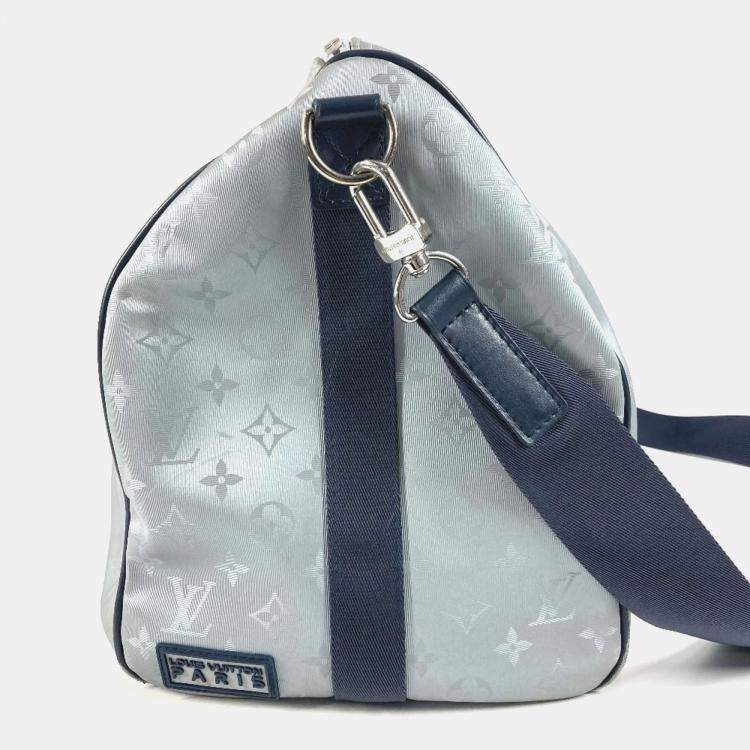 Pre Owned Louis Vuitton Monogram Satellite Keepall Bandouliere 50 Leather Canvas Boston Bag Silver