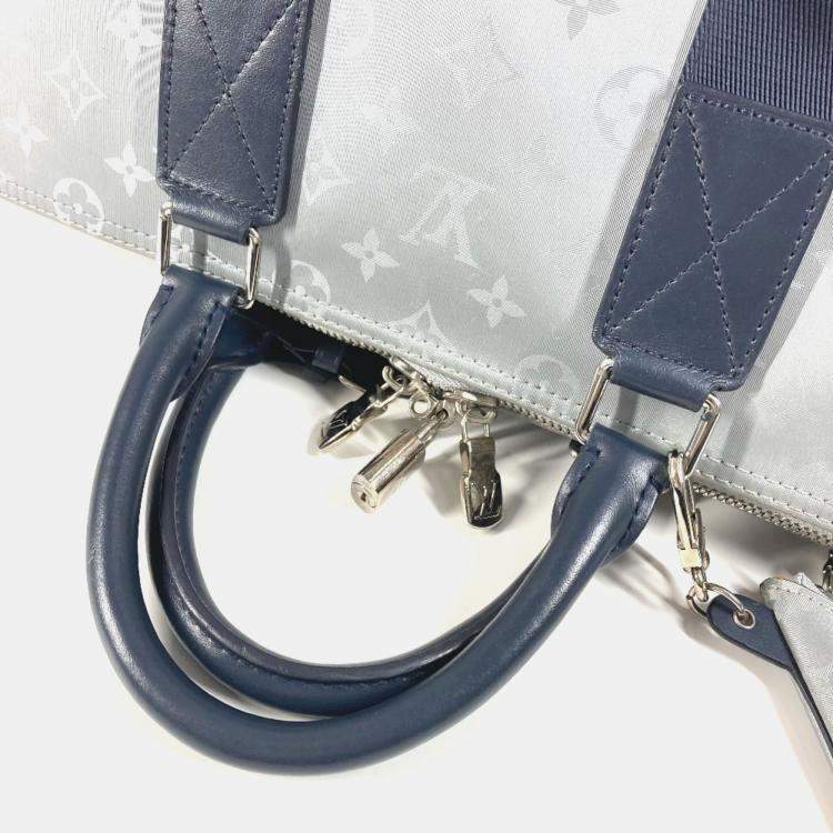 Pre Owned Louis Vuitton Monogram Satellite Keepall Bandouliere 50 Leather Canvas Boston Bag Silver