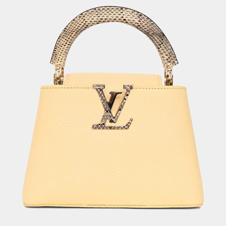 Pre Owned Louis Vuitton Pale Yellow Grained Leather Python Trim Mini Capucines Top Handle with Strap