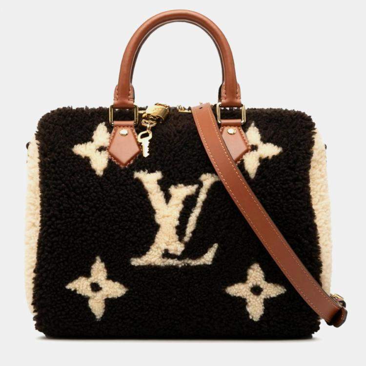 Pre Owned Louis Vuitton Monogram Teddy Speedy Bandouliere 25 Brown Beige Boa Leather Top Handle Bag