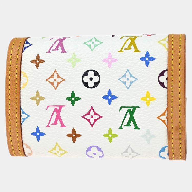 Pre Owned Louis Vuitton Porte Monnaie Plat White Multicolor Monogram Multicolore Canvas Wallet