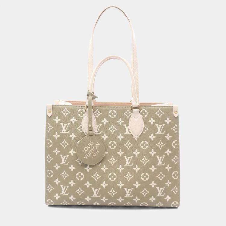 Pre Owned Louis Vuitton On The Go Mm Tote Bag Monogram Empreinte Leather Khaki And Ivory