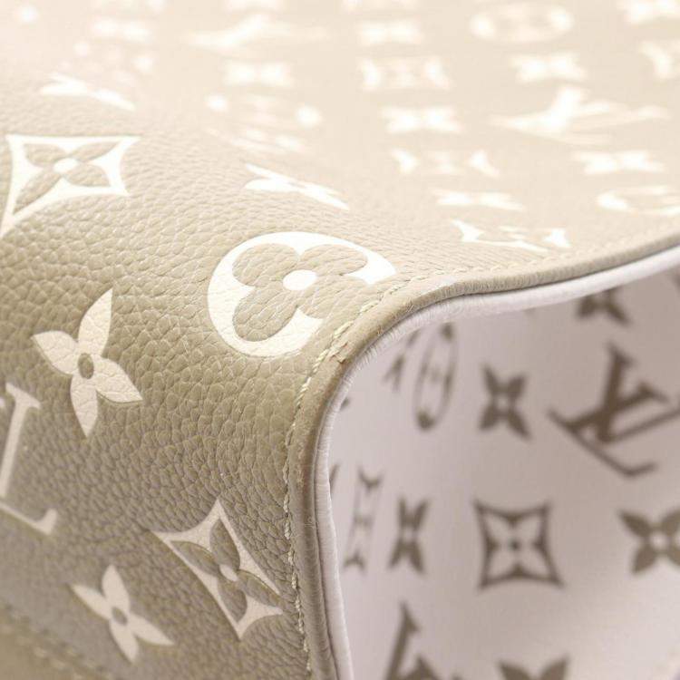 Pre Owned Louis Vuitton On The Go Mm Tote Bag Monogram Empreinte Leather Khaki And Ivory