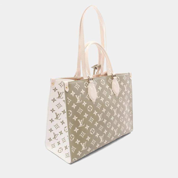 Pre Owned Louis Vuitton On The Go Mm Tote Bag Monogram Empreinte Leather Khaki And Ivory