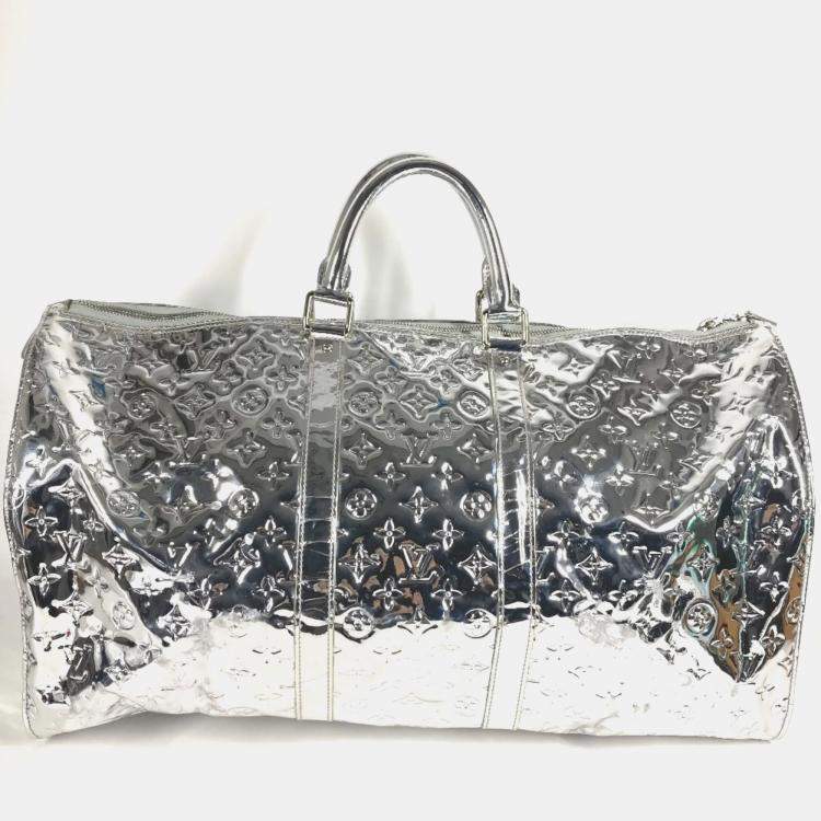 Pre Owned Louis Vuitton Monogram Miroir Keepall 55 Boston Bag Travel Mirrored Leather Argent Silver
