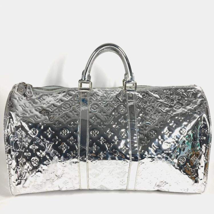 Pre Owned Louis Vuitton Monogram Miroir Keepall 55 Boston Bag Travel Mirrored Leather Argent Silver