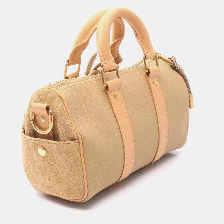 Pre Owned Louis Vuitton Keepall Bandouliere 25 Monogram Handbag Leather And Suede Beige Brown