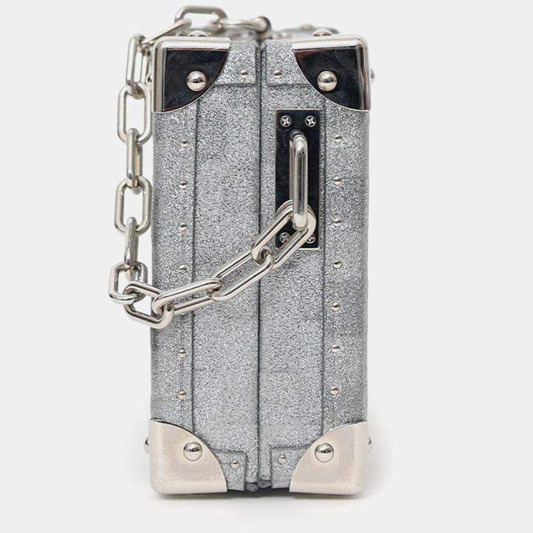 Pre Owned Louis Vuitton Silver Glitter Aluminum Monogram Special Order Briefcase Trunk With Strap