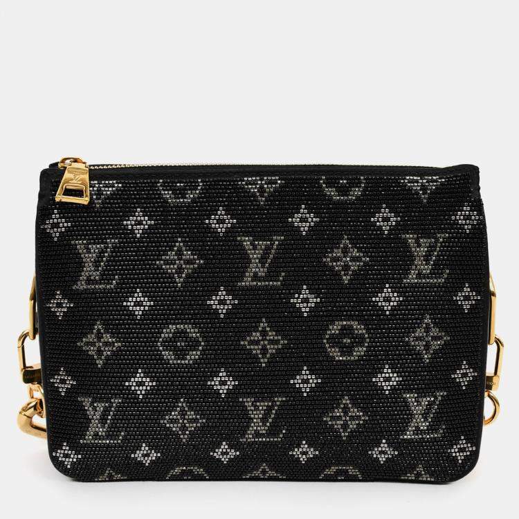 Pre Owned Louis Vuitton Black Satin Beaded Embroidered Monogram Coussin BB