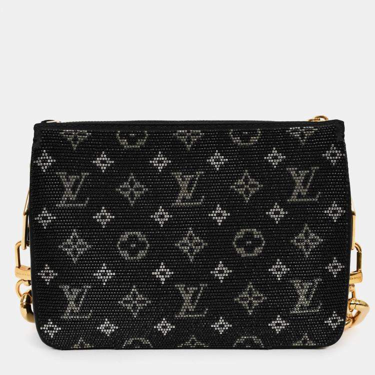 Pre Owned Louis Vuitton Black Satin Beaded Embroidered Monogram Coussin BB
