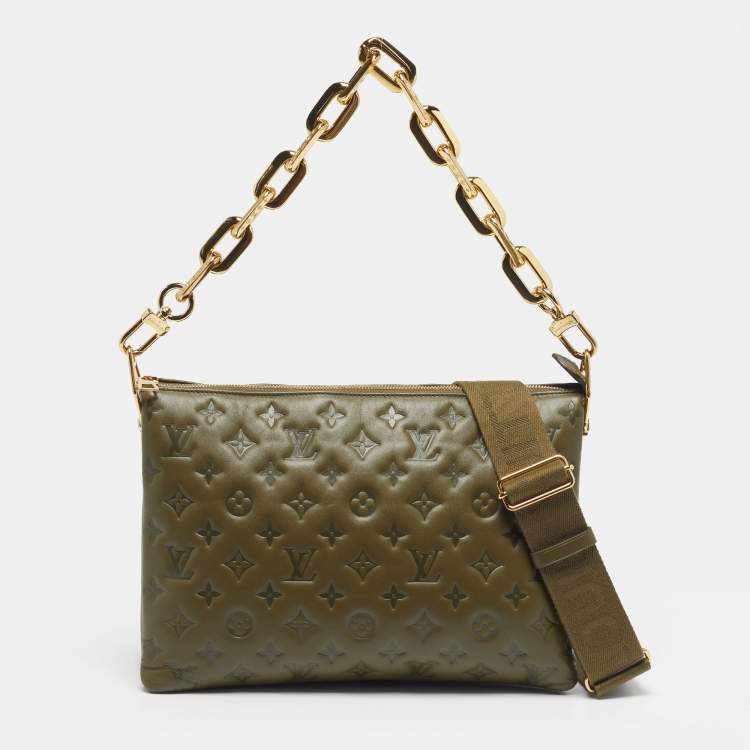 Pre Owned Louis Vuitton Coussin MM Khaki Monogram Embossed Leather Shoulder Bag