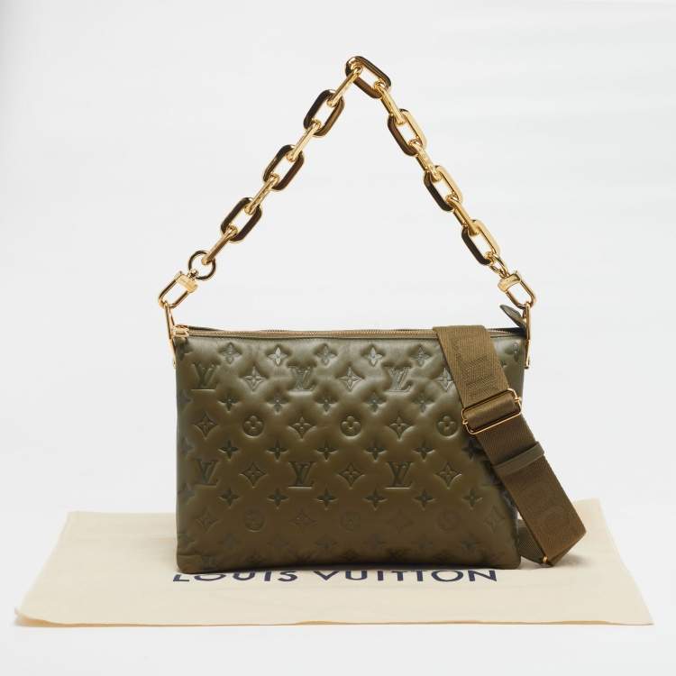 Pre Owned Louis Vuitton Coussin MM Khaki Monogram Embossed Leather Shoulder Bag