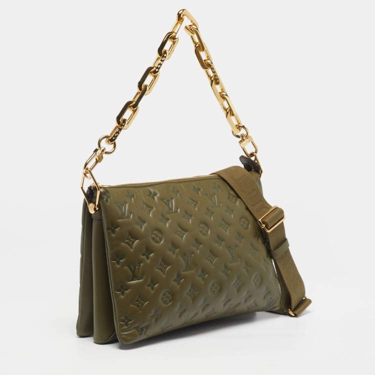Pre Owned Louis Vuitton Coussin MM Khaki Monogram Embossed Leather Shoulder Bag