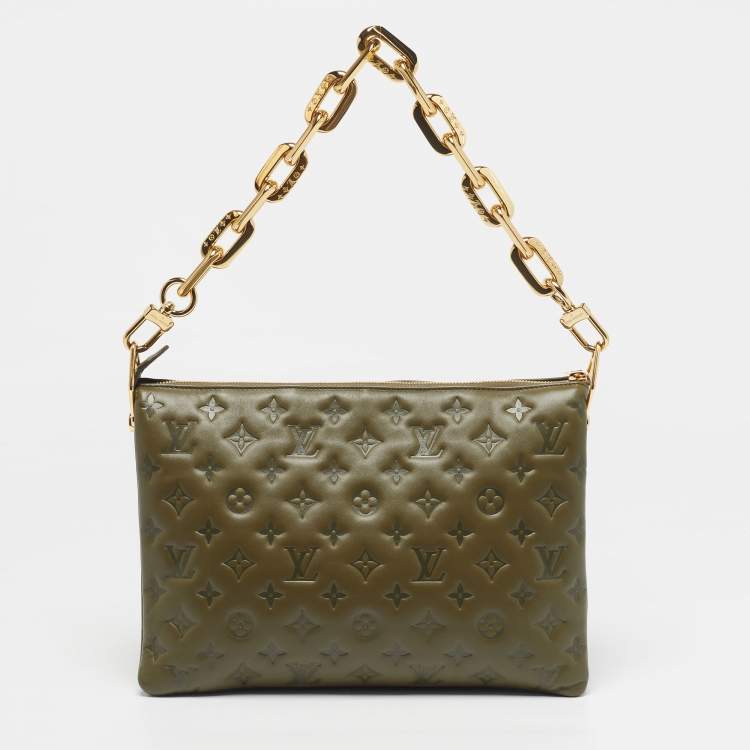 Pre Owned Louis Vuitton Coussin MM Khaki Monogram Embossed Leather Shoulder Bag