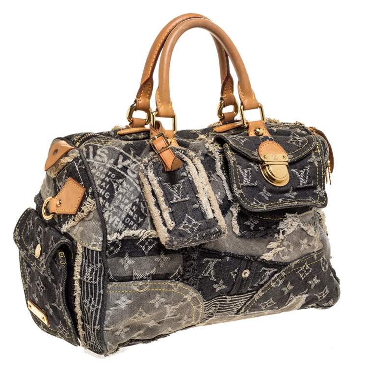 Pre Owned Louis Vuitton Black Monogram Denim Limited Edition Patchwork Speedy Bag