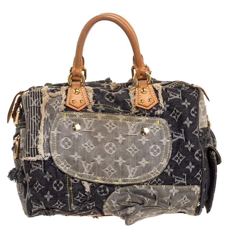 Pre Owned Louis Vuitton Black Monogram Denim Limited Edition Patchwork Speedy Bag