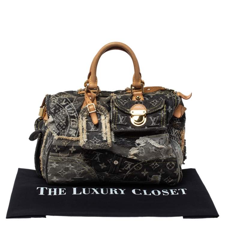 Pre Owned Louis Vuitton Black Monogram Denim Limited Edition Patchwork Speedy Bag