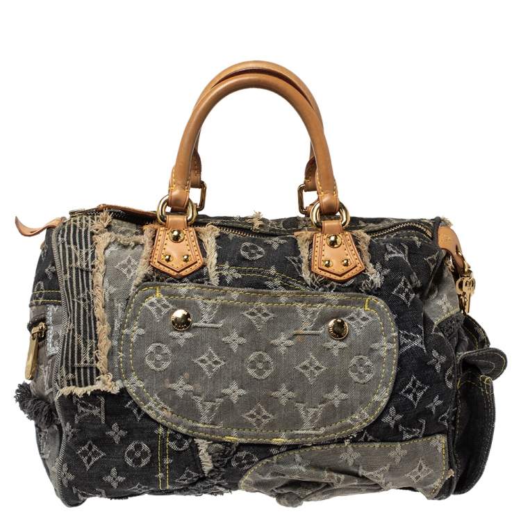 Pre Owned Louis Vuitton Black Monogram Denim Limited Edition Patchwork Speedy Bag