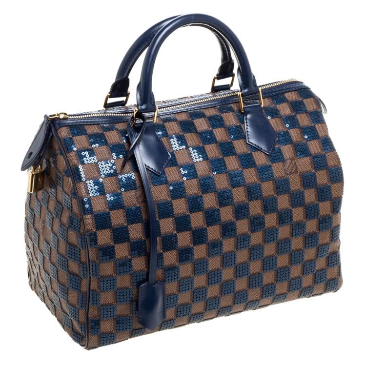 Pre Owned Louis Vuitton Blue Damier Ebene Paillettes Limited Edition Speedy 30 Bag