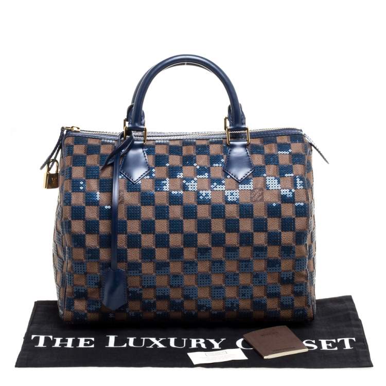 Pre Owned Louis Vuitton Blue Damier Ebene Paillettes Limited Edition Speedy 30 Bag