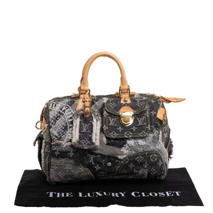 Pre Owned Louis Vuitton Black Monogram Denim Limited Edition Patchwork Speedy Bag