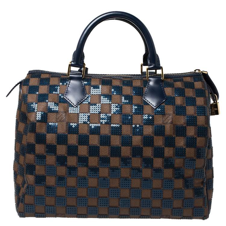 Pre Owned Louis Vuitton Blue Damier Ebene Paillettes Limited Edition Speedy 30 Bag