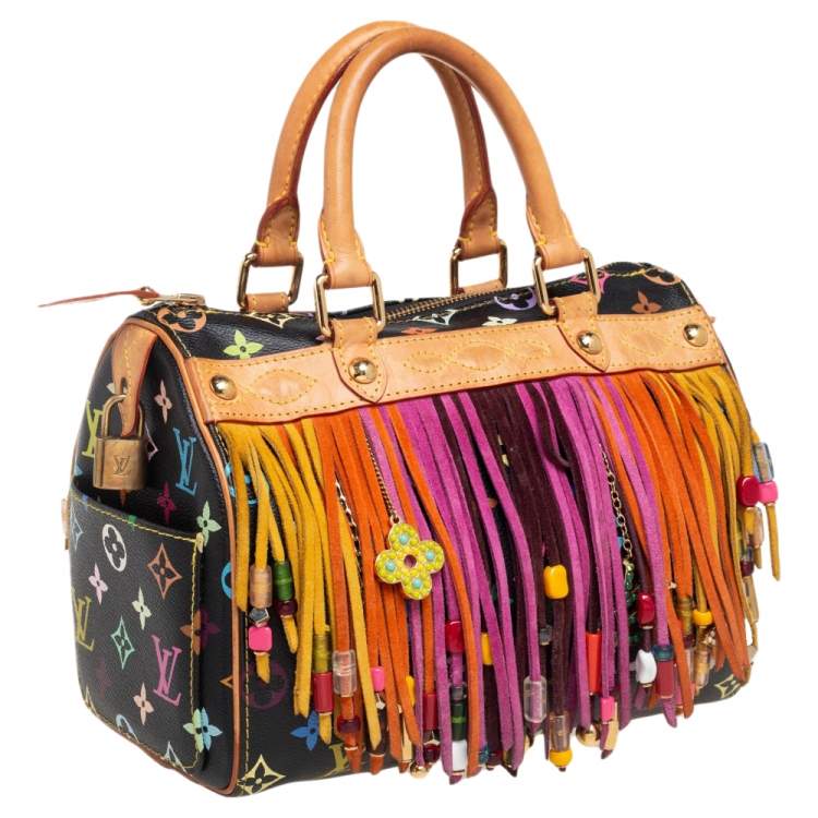 Pre Owned Louis Vuitton Black Monogram Multicolore Canvas Limited Edition Fringe Speedy 25 Bag