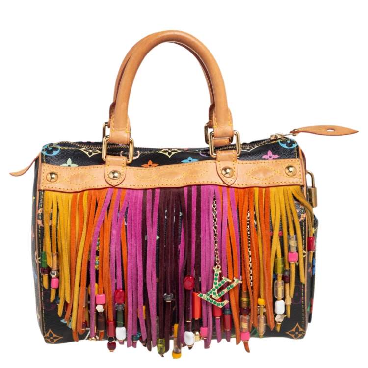 Pre Owned Louis Vuitton Black Monogram Multicolore Canvas Limited Edition Fringe Speedy 25 Bag
