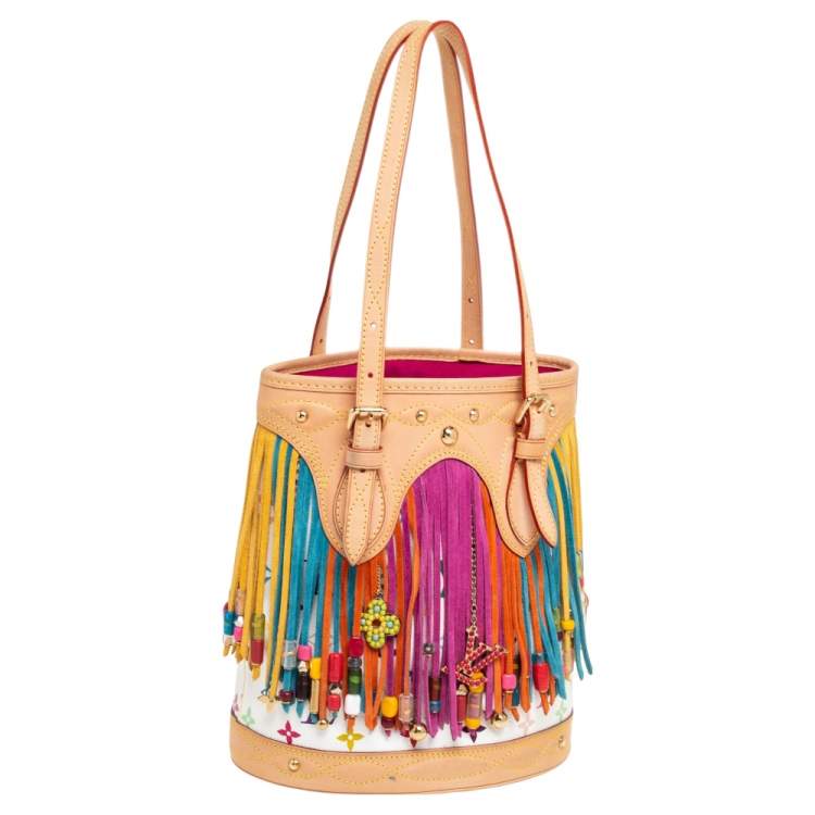 Pre Owned Louis Vuitton White Multicolore Monogram Canvas Limited Edition Fringe Bucket Bag