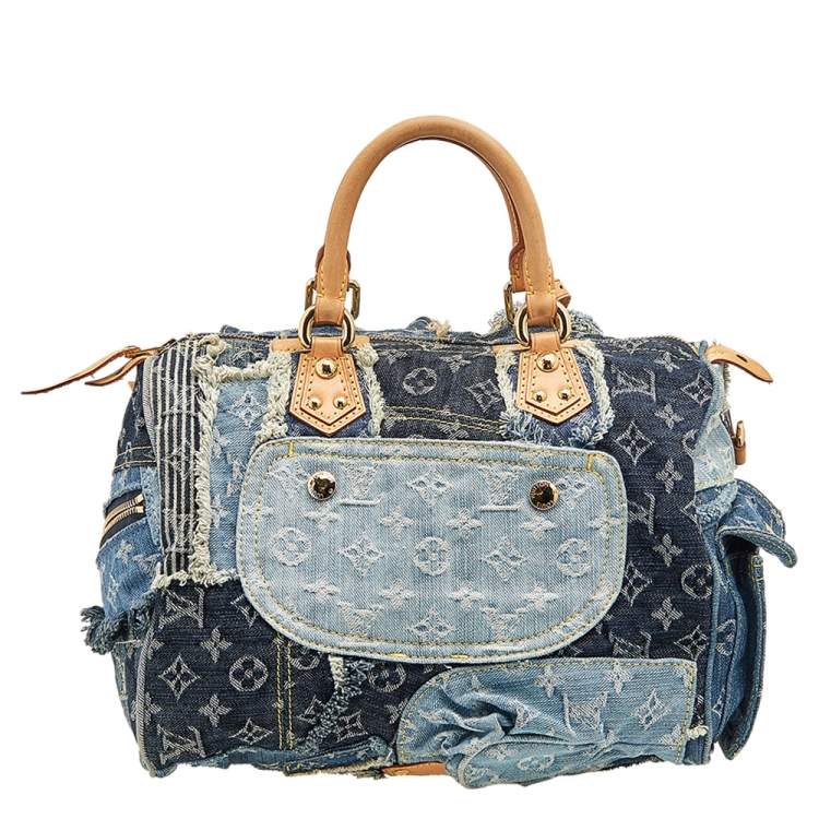 Pre Owned Louis Vuitton Blue Monogram Denim Limited Edition Patchwork Speedy Bag