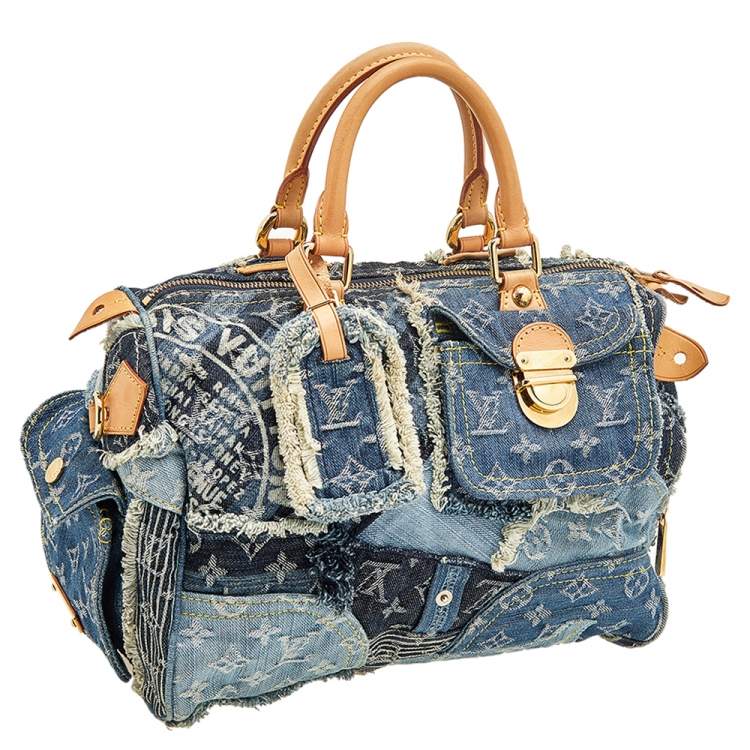 Pre Owned Louis Vuitton Blue Monogram Denim Limited Edition Patchwork Speedy Bag