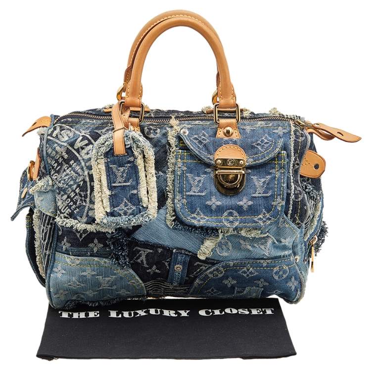 Pre Owned Louis Vuitton Blue Monogram Denim Limited Edition Patchwork Speedy Bag