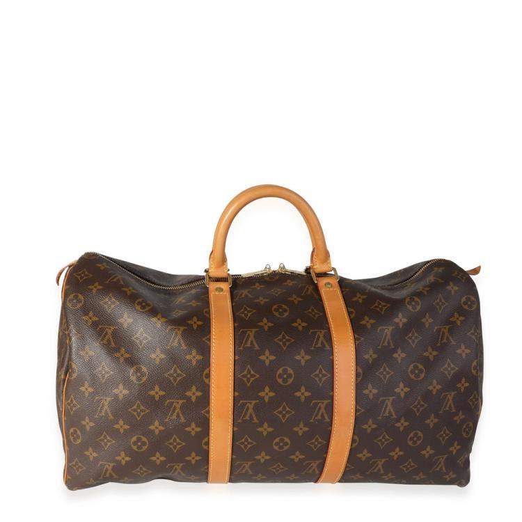 Pre Owned Louis Vuitton Brown Monogram Coated Canvas Leather Keepall 50 Duffel Bag