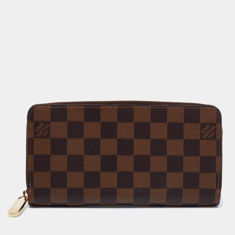 Louis Vuitton Womens Zip Around Damiere Ebene Bi Fold Wallet Brown Coated Canvas