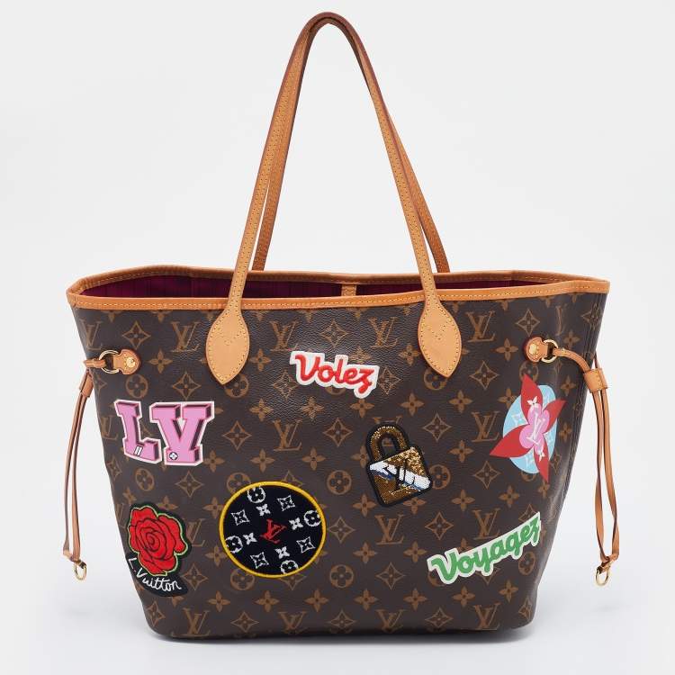 Louis Vuitton Neverfull MM Monogram Canvas Patches Brown Leather