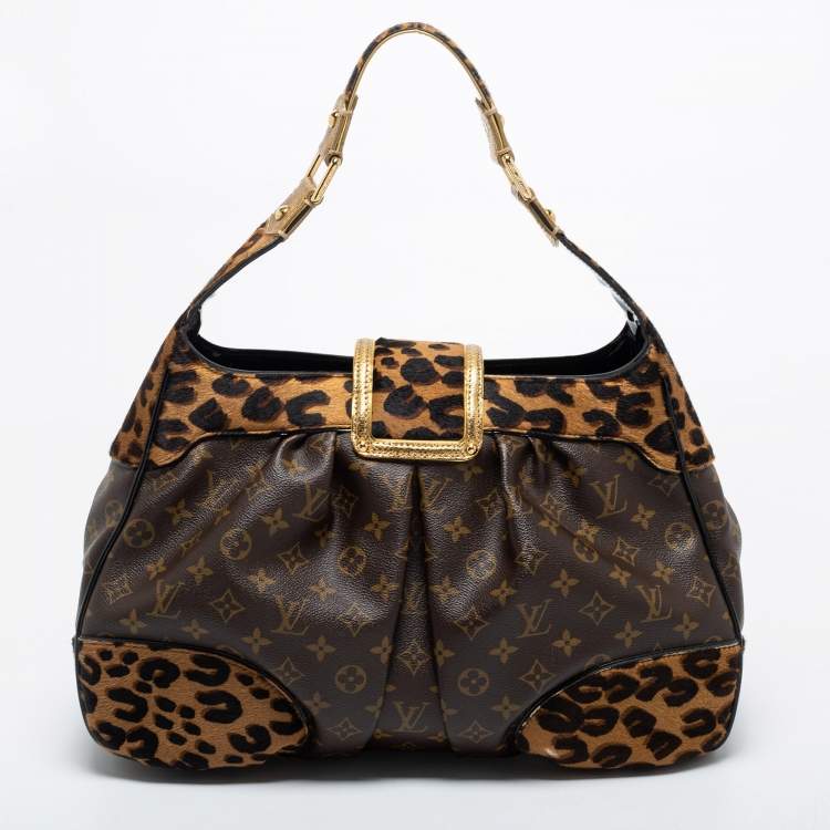 Pre Owned Louis Vuitton Monogram Canvas/Karung and Leopard Print Calfhair Limited Edition Polly Bag