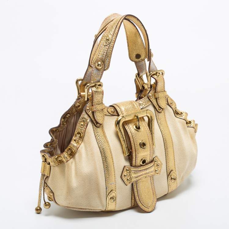 Pre Owned Louis Vuitton Gold/Cream Canvas and Leather Antigua Theda PM Bag