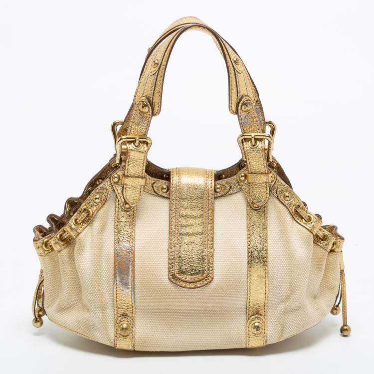 Pre Owned Louis Vuitton Gold/Cream Canvas and Leather Antigua Theda PM Bag
