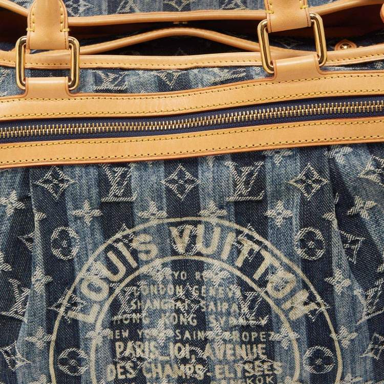 Pre Owned Louis Vuitton Blue Monogram Denim Limited Edition Porte Epaule Raye GM Bag