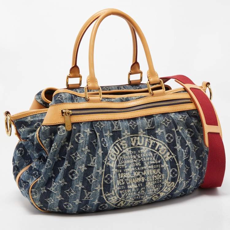 Pre Owned Louis Vuitton Blue Monogram Denim Limited Edition Porte Epaule Raye GM Bag